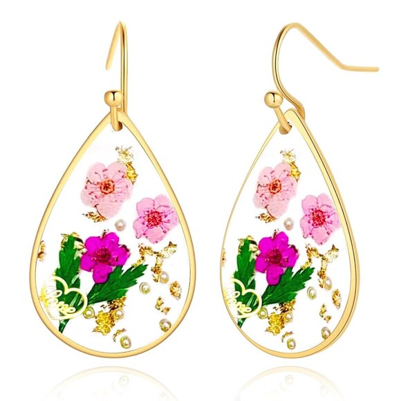 Women's Resin Dry Flowers Pressed Drop Dangle Purple Pink Earrings - Picture 1 of 5
